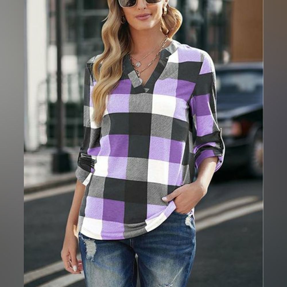 La Mode Plaid Notch Neck Long Sleeve Top sz XL